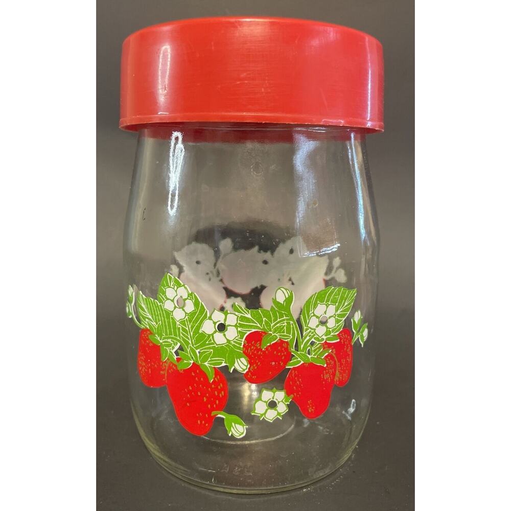 Vtg Carlton Glass Canister Jar with Red Lid and Strawberries 1 Liter Cottage USA